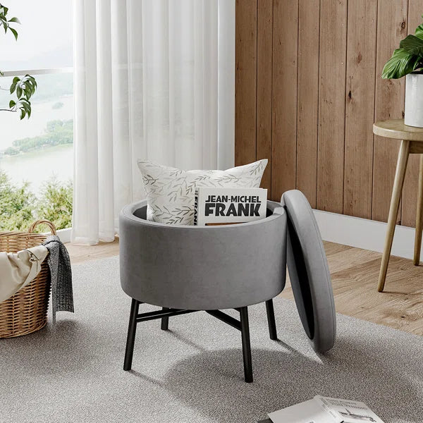 Wide Velvet Round Solid Colour Ottoman with Storage